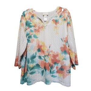 Alfred Dunner Floral Textured Studded Split Neck 3/4 Sleeve Lined Tunic Size 2X